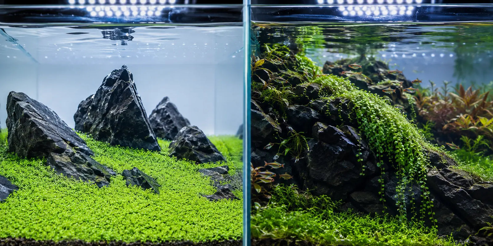 Split screen comparison of a perfectly flat, tight Glossostigma elatinoides carpet and a lush, cascading Monte Carlo aquascape in high-tech planted tanks.