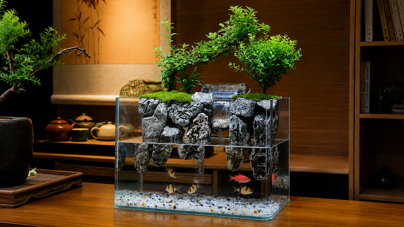 Desktop moss running water aquascape terrarium with live plants, resin rockwork, and a miniature waterfall for small fish.