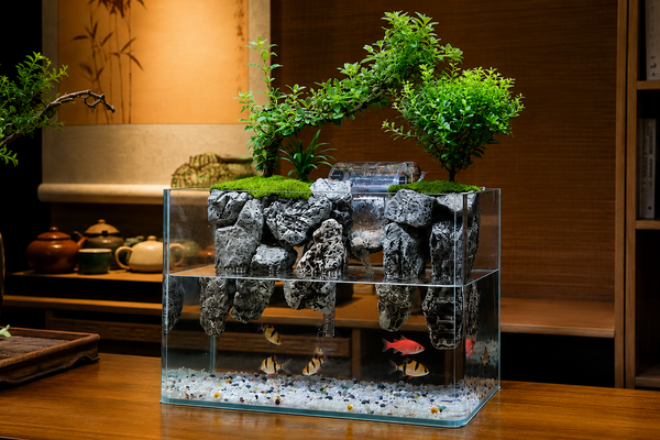 Desktop moss running water aquascape terrarium with live plants, resin rockwork, and a miniature waterfall for small fish.