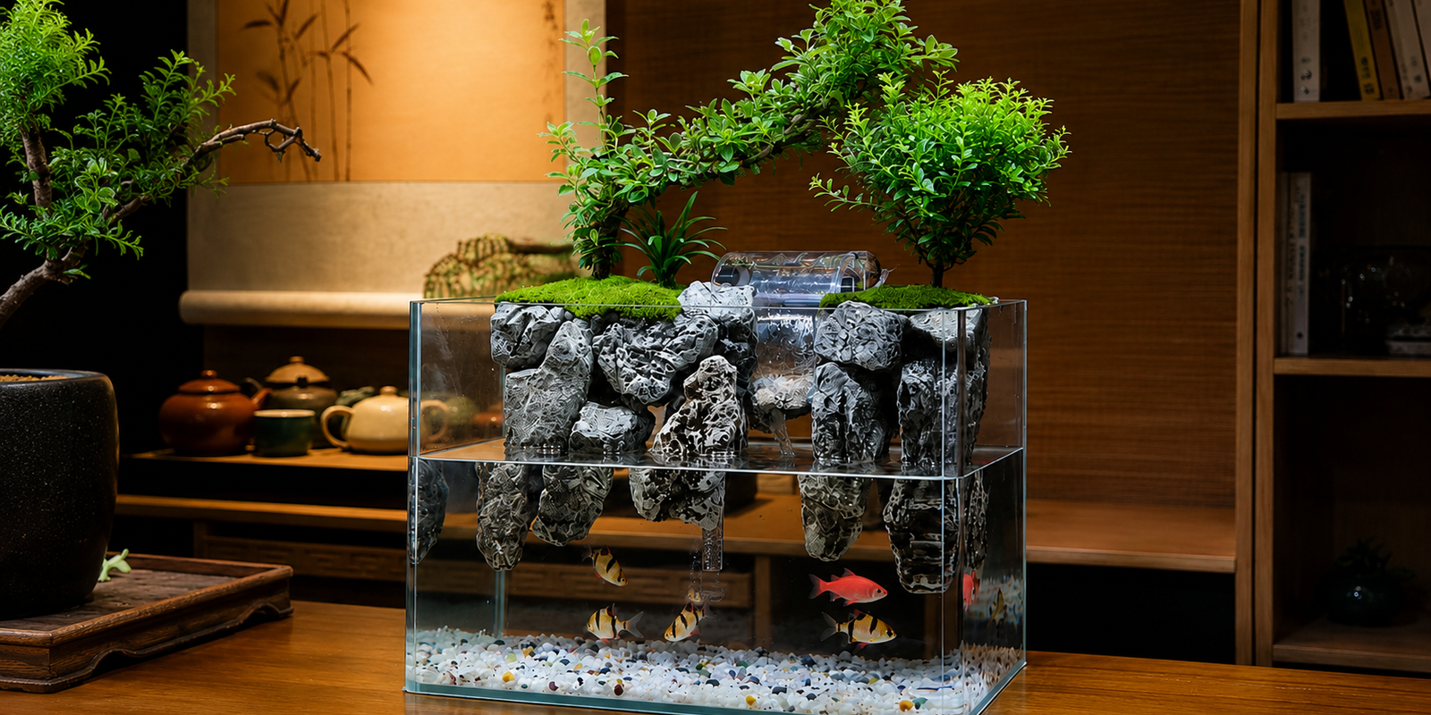 Desktop moss running water aquascape terrarium with live plants, resin rockwork, and a miniature waterfall for small fish.