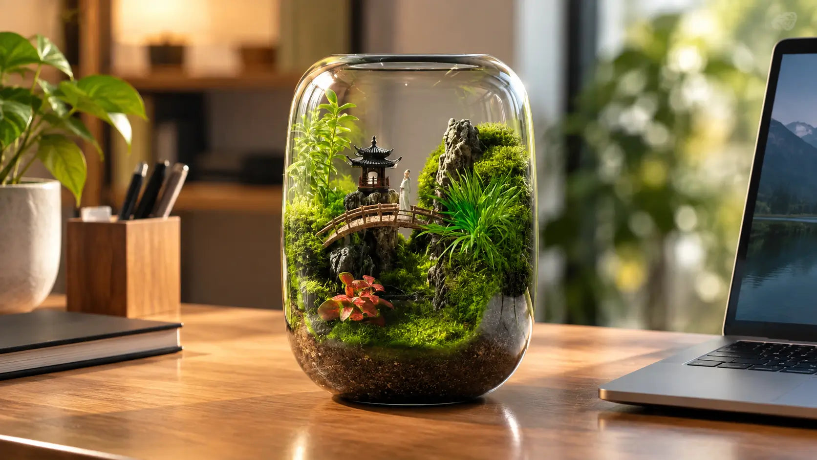 Handcrafted desktop moss terrarium featuring a miniature pagoda and bridge next to a laptop, showcasing a long-lasting living indoor plant gift.