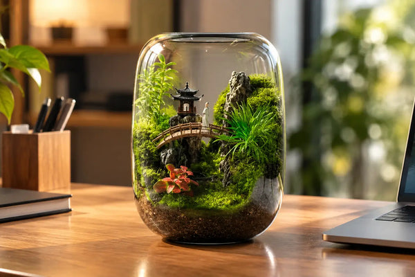 Handcrafted desktop moss terrarium featuring a miniature pagoda and bridge next to a laptop, showcasing a long-lasting living indoor plant gift.