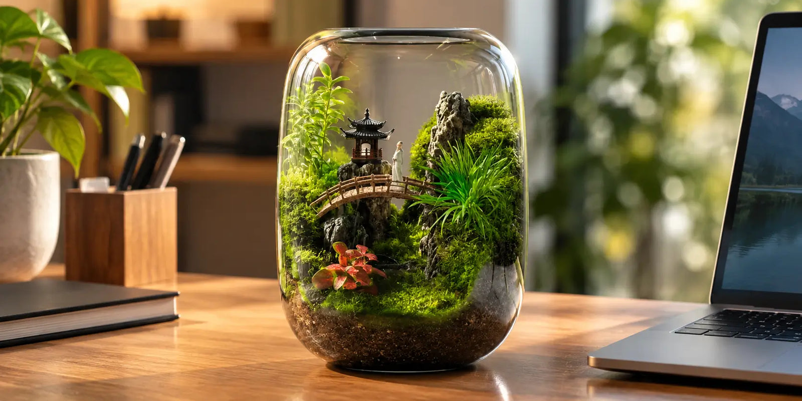 Handcrafted desktop moss terrarium featuring a miniature pagoda and bridge next to a laptop, showcasing a long-lasting living indoor plant gift.