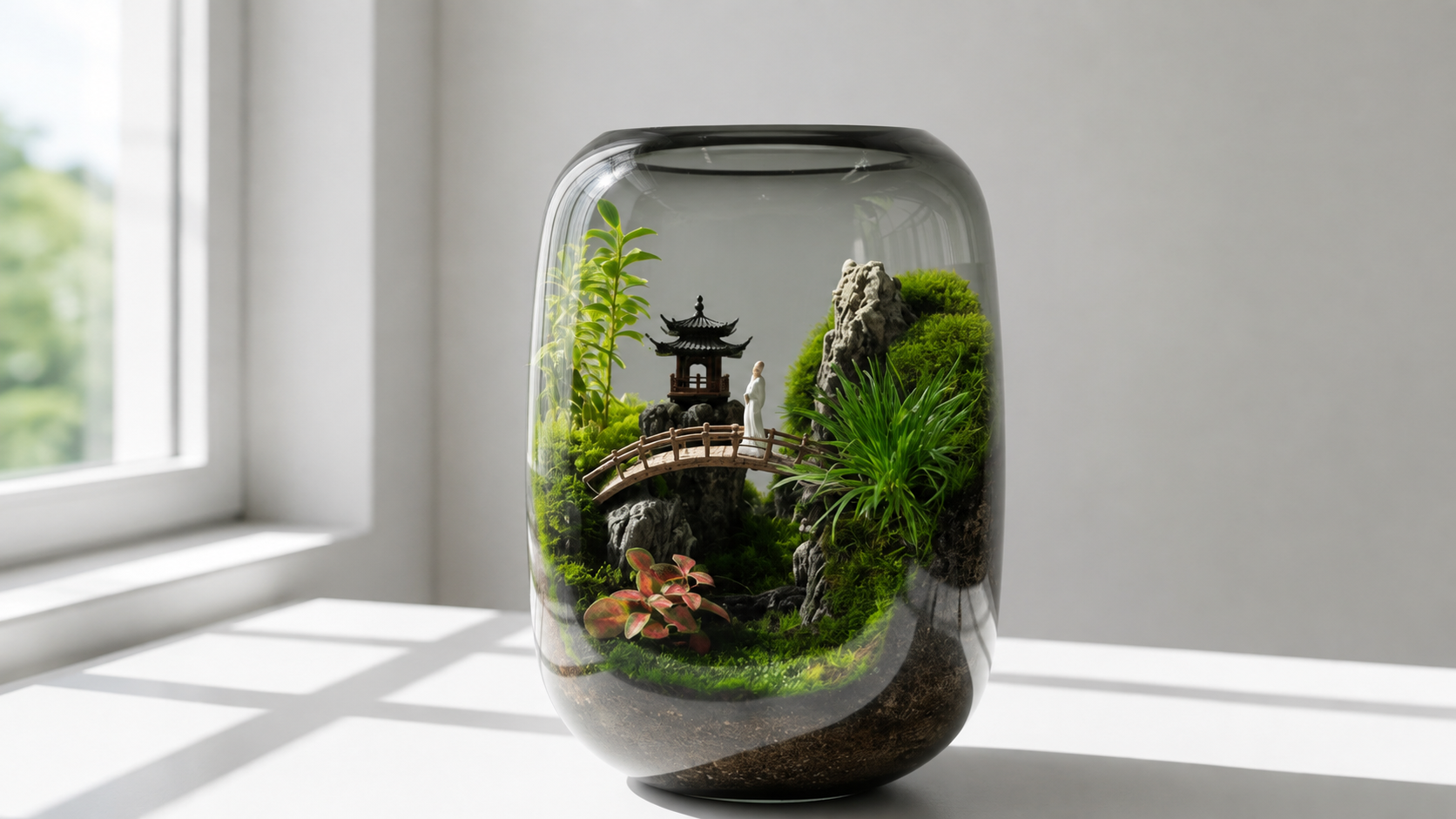 Glass terrarium setup for a Pavilions moss landscape showcasing miniature bridge figurines and decorative stones.