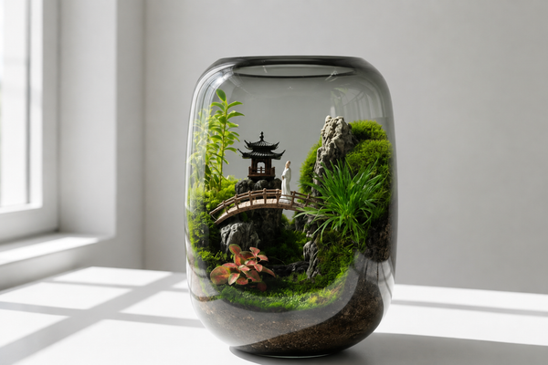 Glass terrarium setup for a Pavilions moss landscape showcasing miniature bridge figurines and decorative stones.