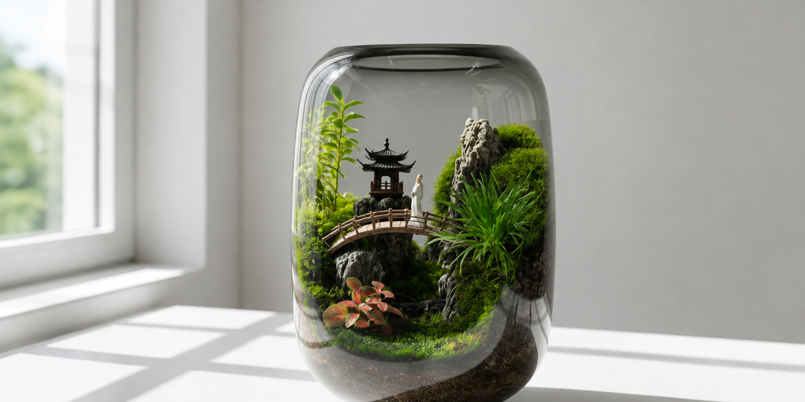Glass terrarium setup for a Pavilions moss landscape showcasing miniature bridge figurines and decorative stones.