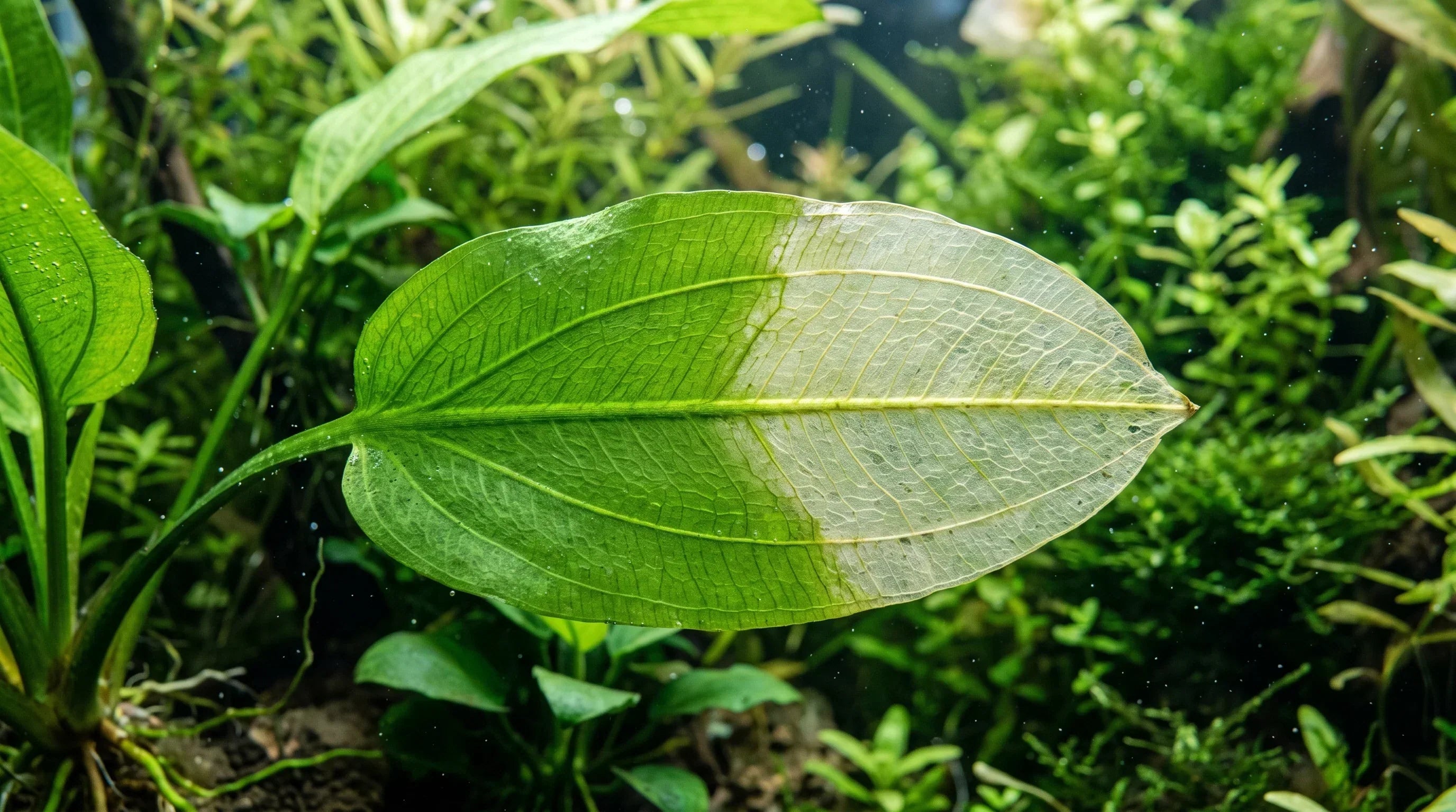 Aquarium plant leaves turning yellow from nitrogen deficiency, showing pale and translucent discoloration spreading across an older leaf.