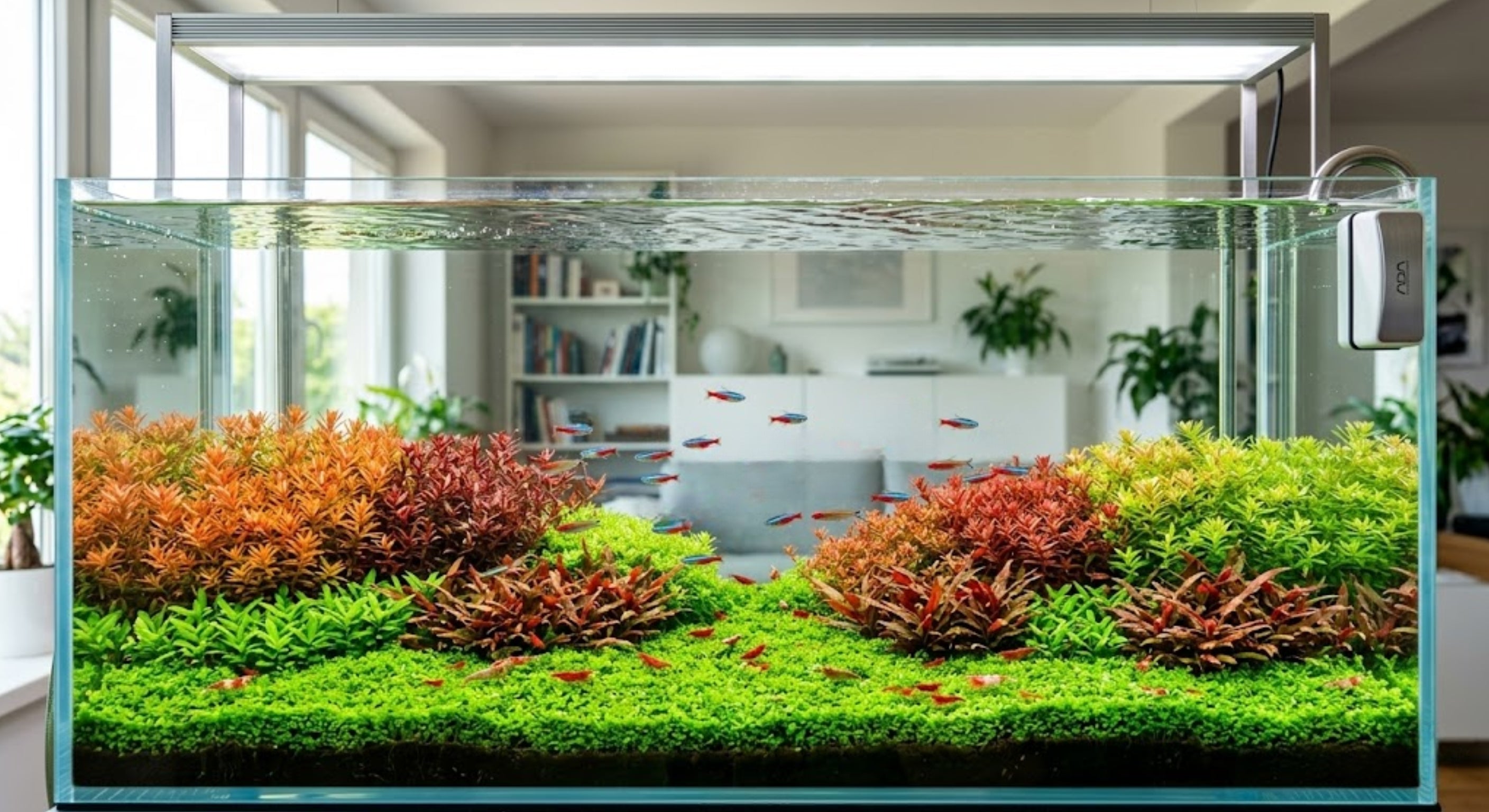 A beautifully aquascaped planted aquarium with crystal clear glass maintained by a magnetic algae cleaner.