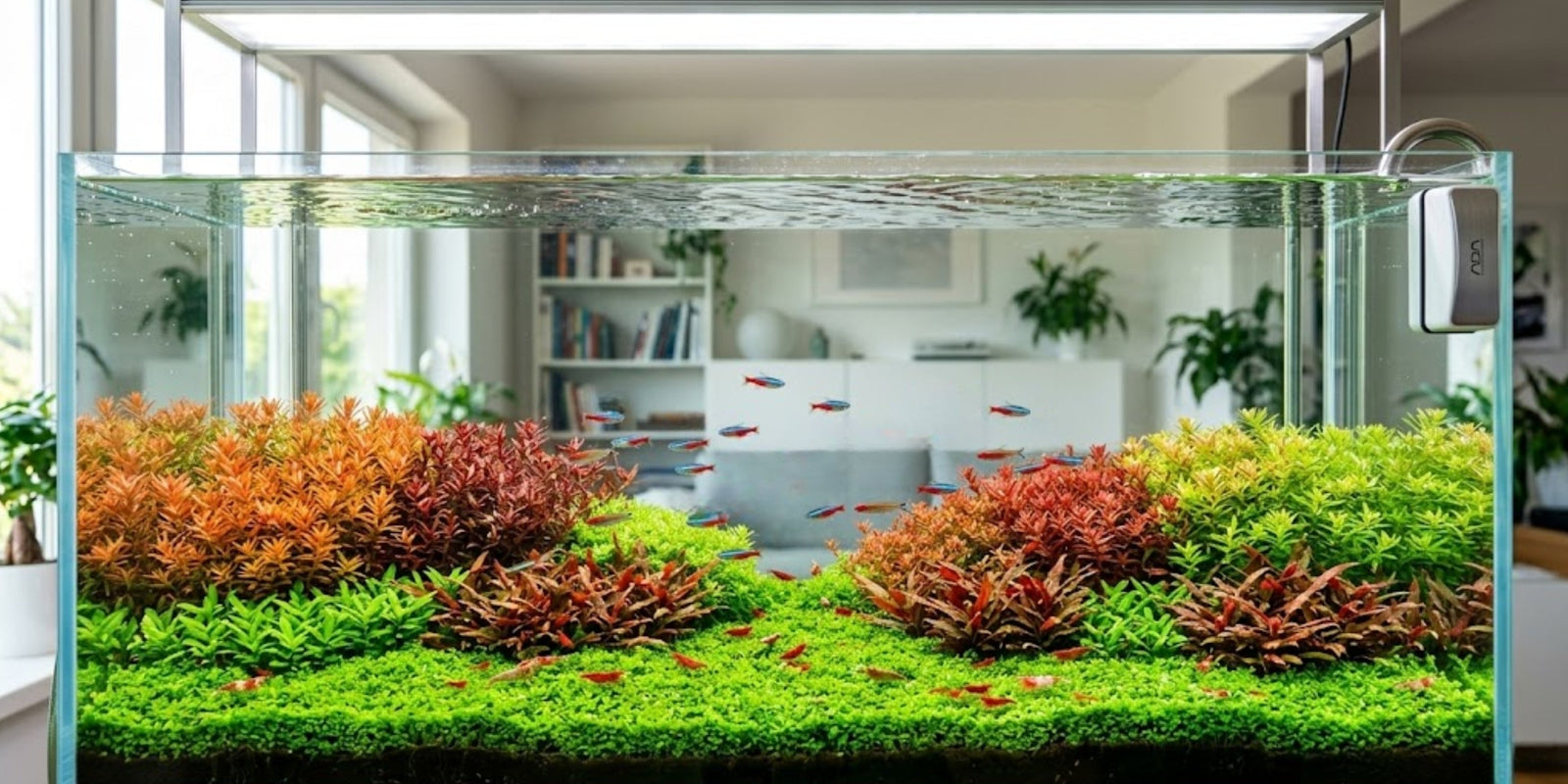 A beautifully aquascaped planted aquarium with crystal clear glass maintained by a magnetic algae cleaner.