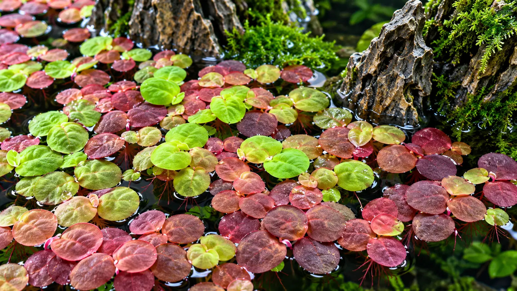 Vibrant Red Root Floater (Phyllanthus fluitans) plants showing green to deep red leaves floating calmly on the surface of a planted aquarium.