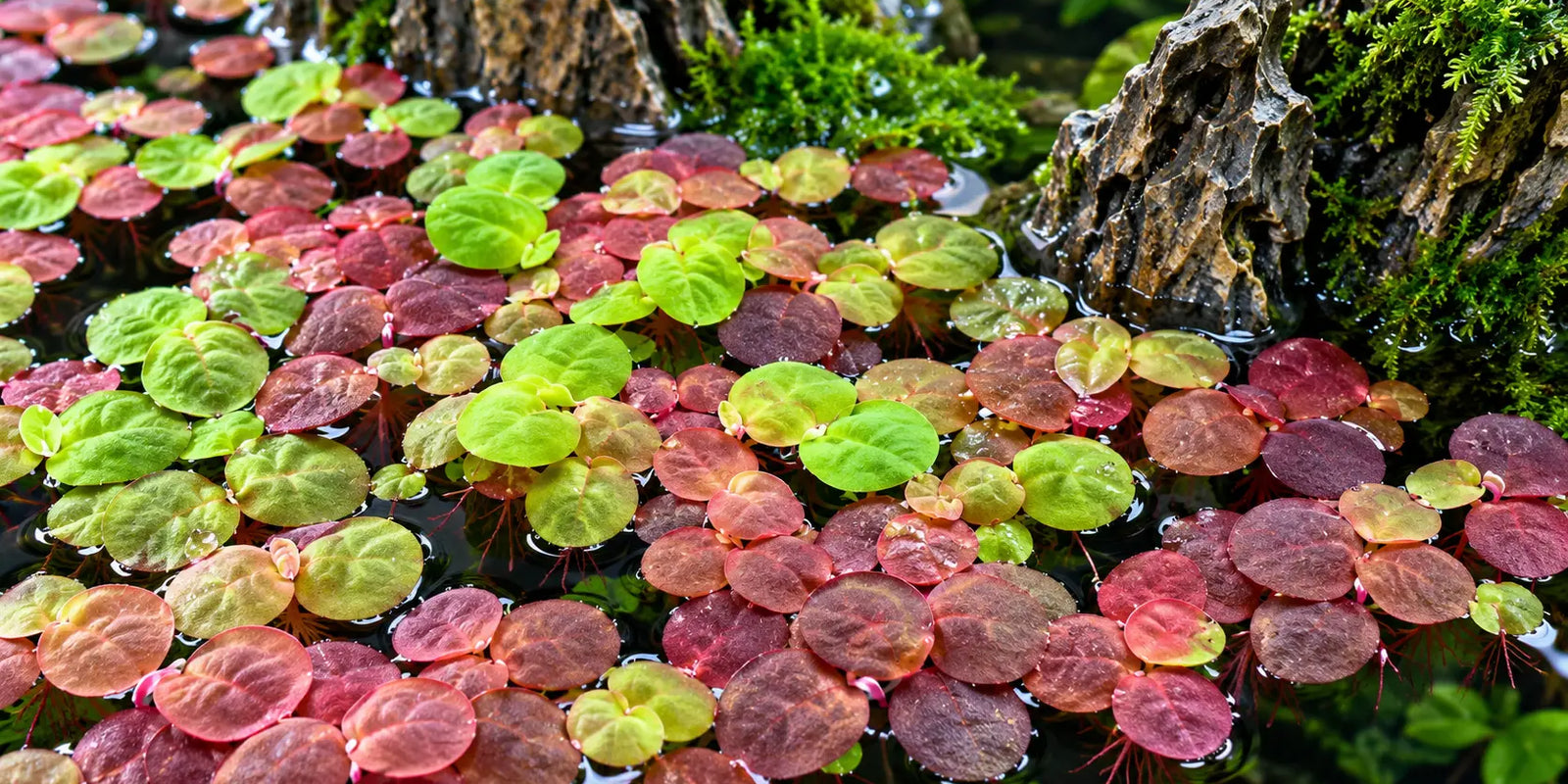 Vibrant Red Root Floater (Phyllanthus fluitans) plants showing green to deep red leaves floating calmly on the surface of a planted aquarium.