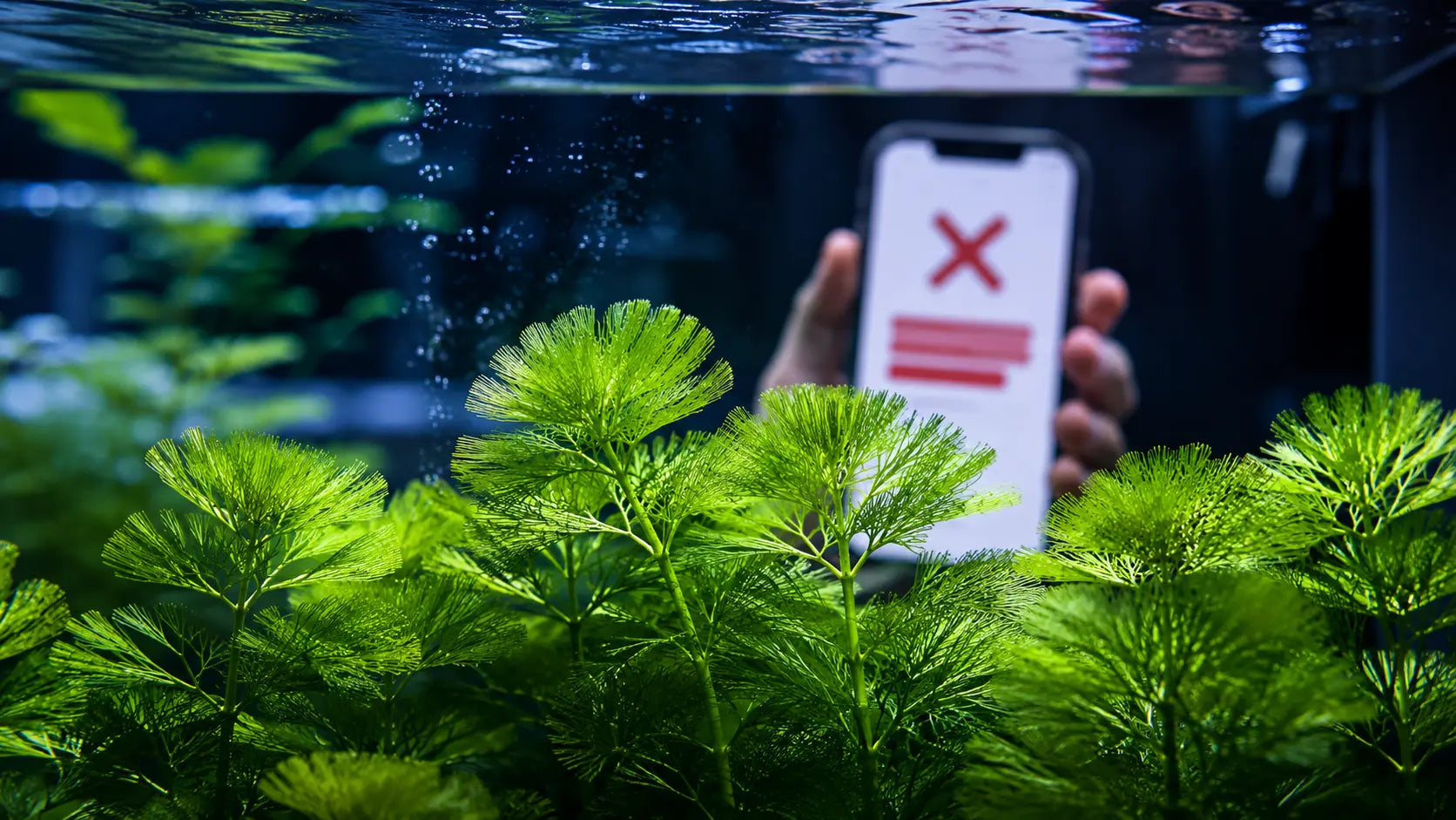 Smartphone displaying an online checkout shipping restriction error for live aquarium plants next to a planted tank.