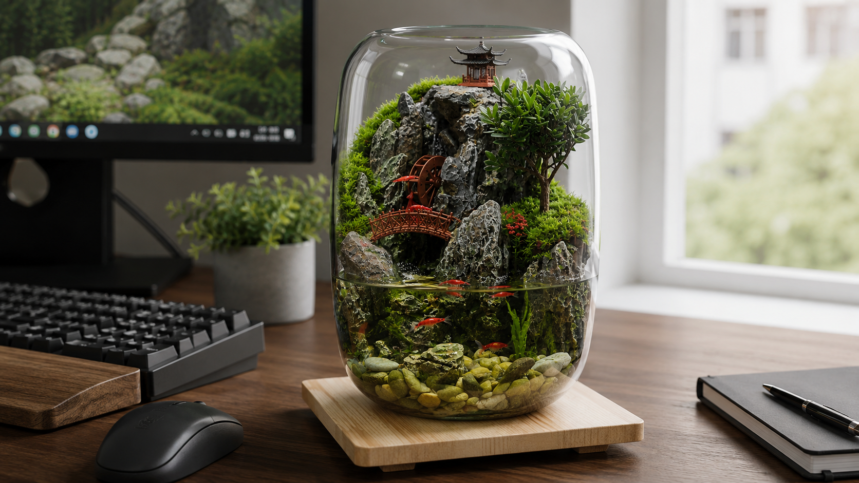 The Serenity Zen Garden Desktop Aquarium by PlantedPro sitting gracefully next to a keyboard on a modern office desk, acting as a low-maintenance, self-sustaining glass ecosystem.