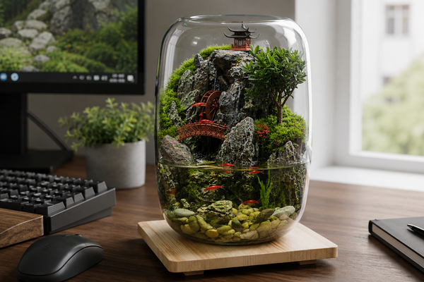 The Serenity Zen Garden Desktop Aquarium by PlantedPro sitting gracefully next to a keyboard on a modern office desk, acting as a low-maintenance, self-sustaining glass ecosystem.