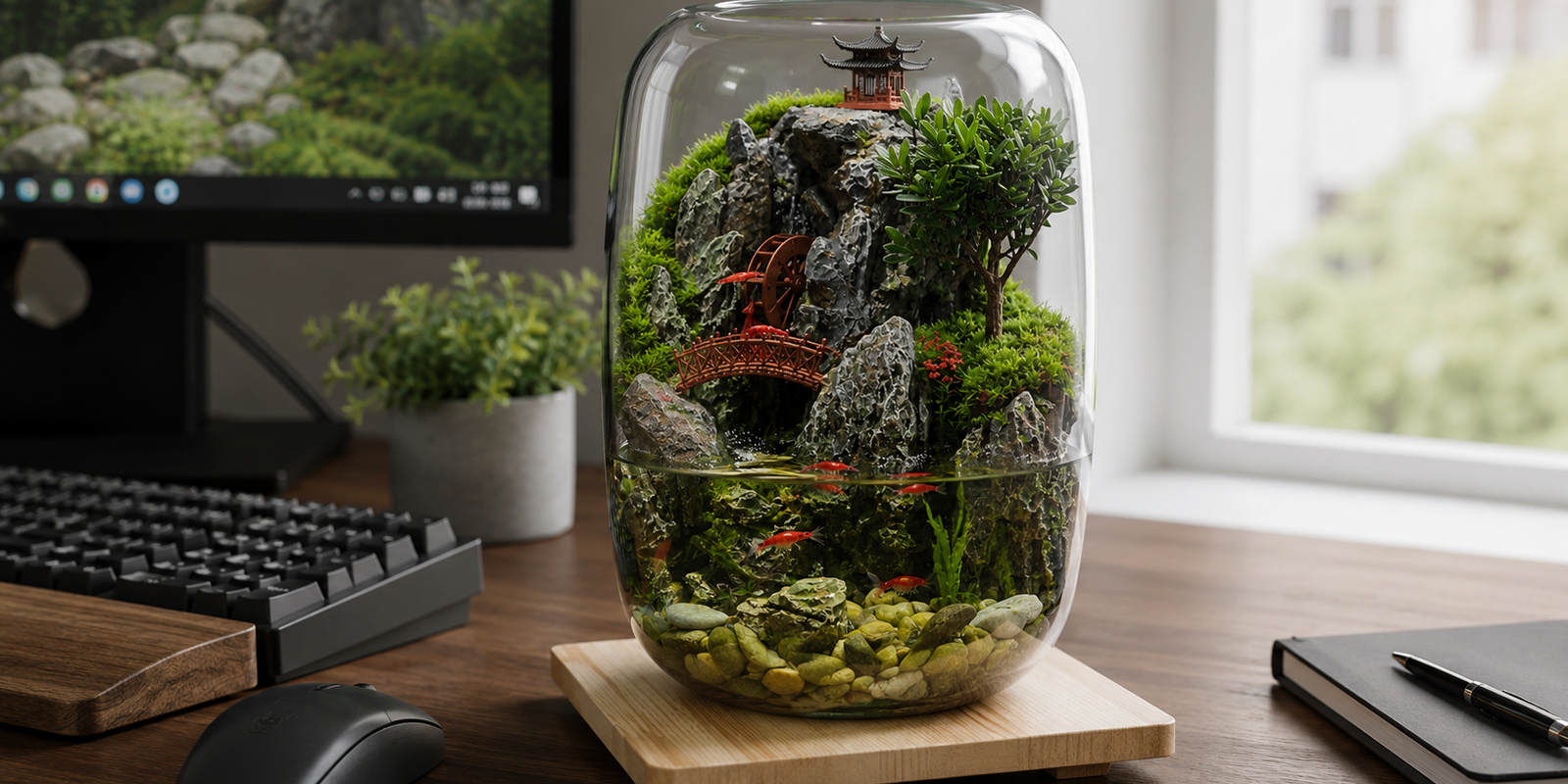The Serenity Zen Garden Desktop Aquarium by PlantedPro sitting gracefully next to a keyboard on a modern office desk, acting as a low-maintenance, self-sustaining glass ecosystem.