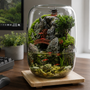 The Serenity Zen Garden Desktop Aquarium by PlantedPro sitting gracefully next to a keyboard on a modern office desk, acting as a low-maintenance, self-sustaining glass ecosystem.
