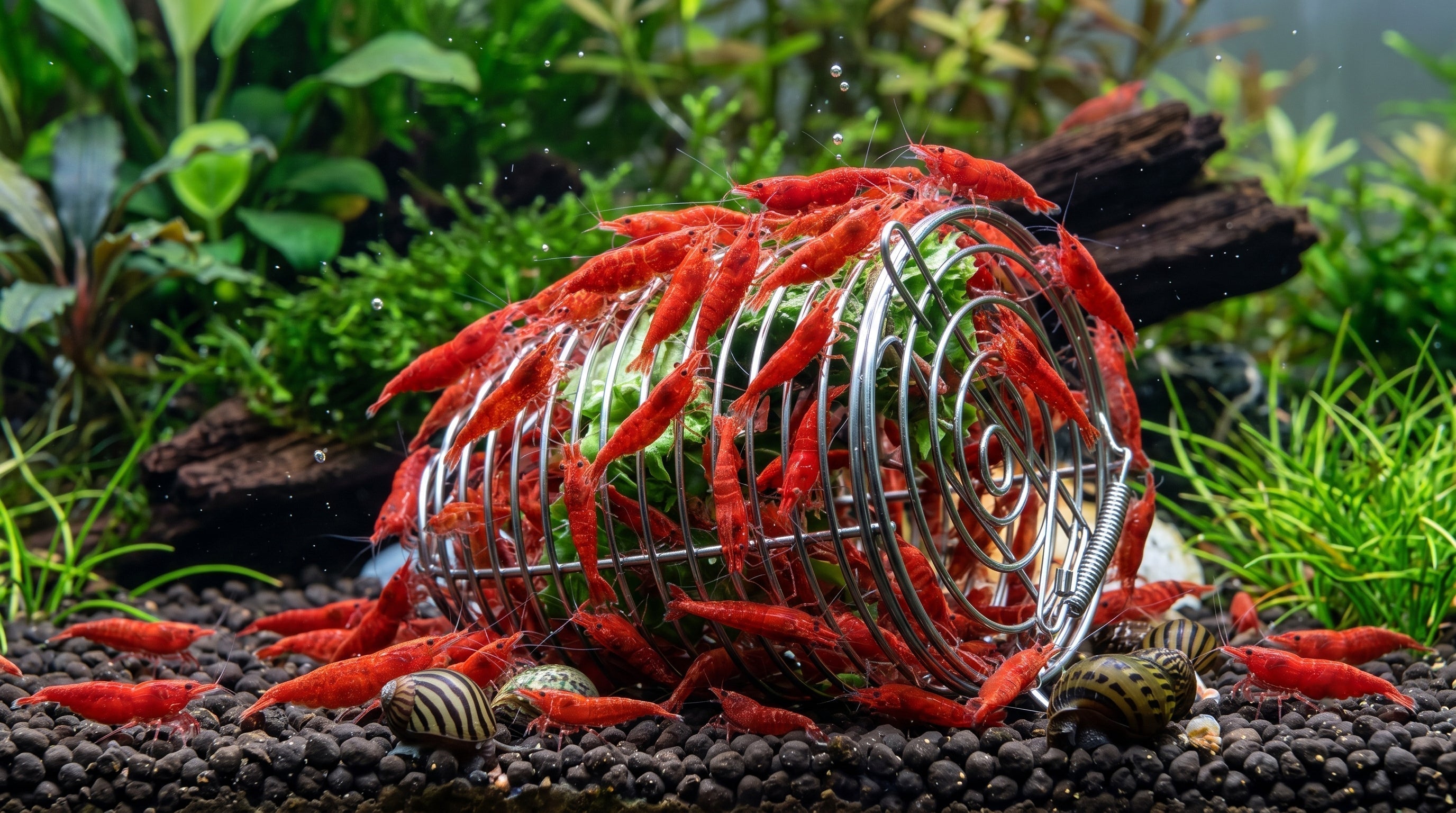 Red cherry shrimp swarming a stainless steel shrimp feeding dish filled with blanched vegetables in a planted nano tank.