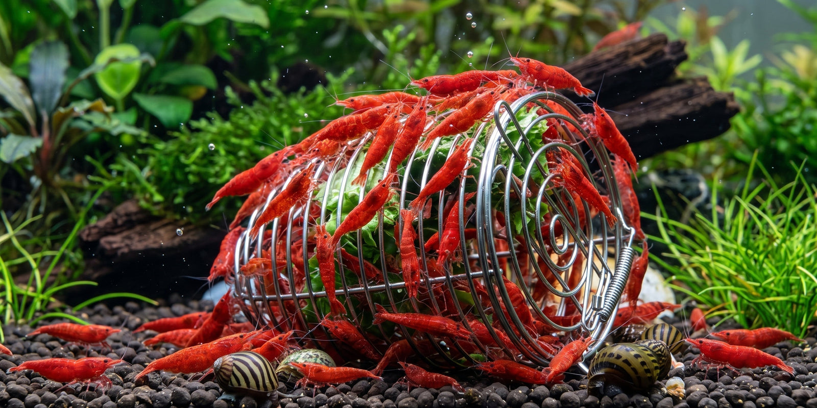 Red cherry shrimp swarming a stainless steel shrimp feeding dish filled with blanched vegetables in a planted nano tank.