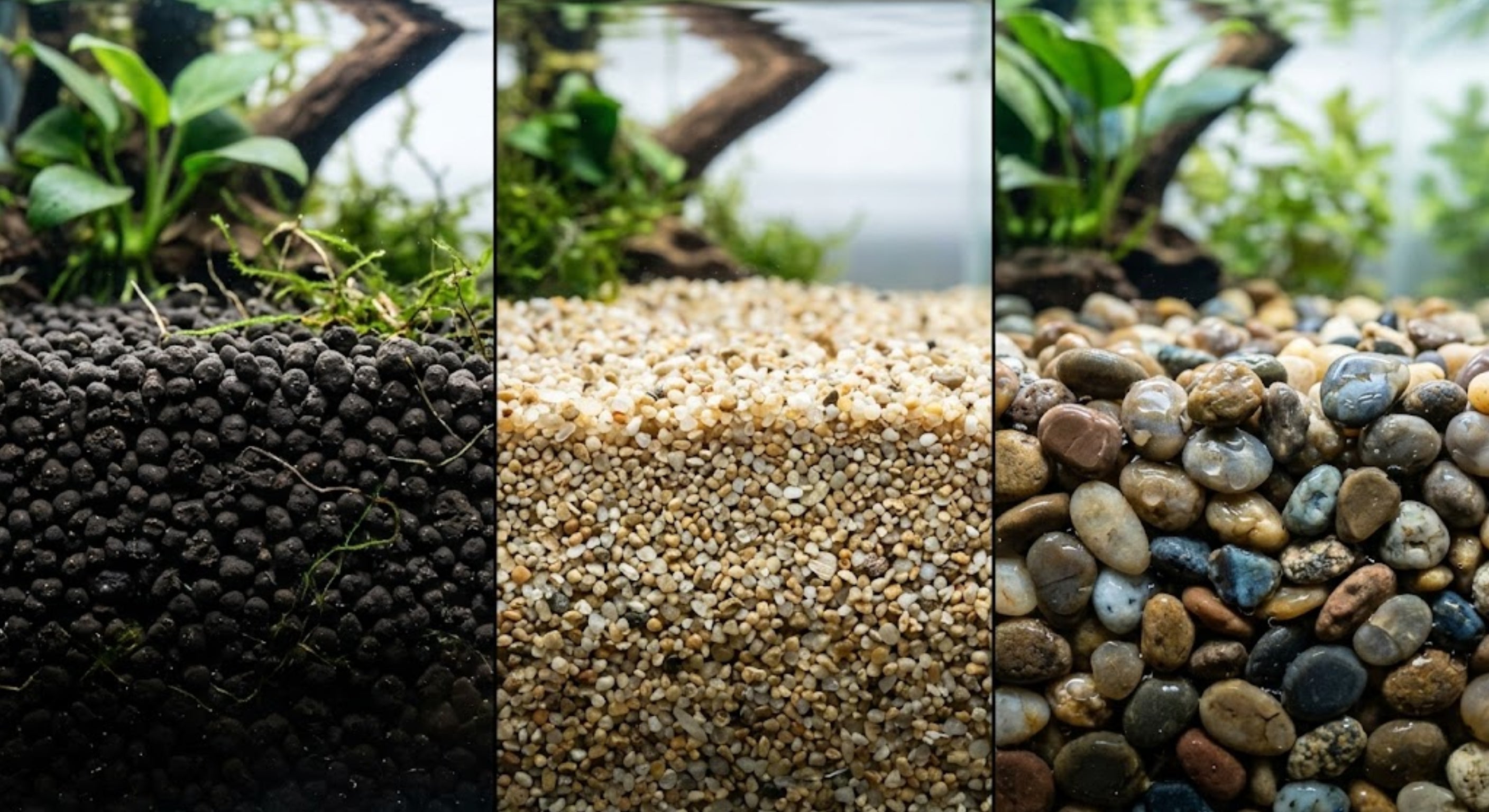 Side-by-side macro comparison of aquarium soil, cosmetic sand, and standard gravel to help you choose the best substrate for a planted aquarium.