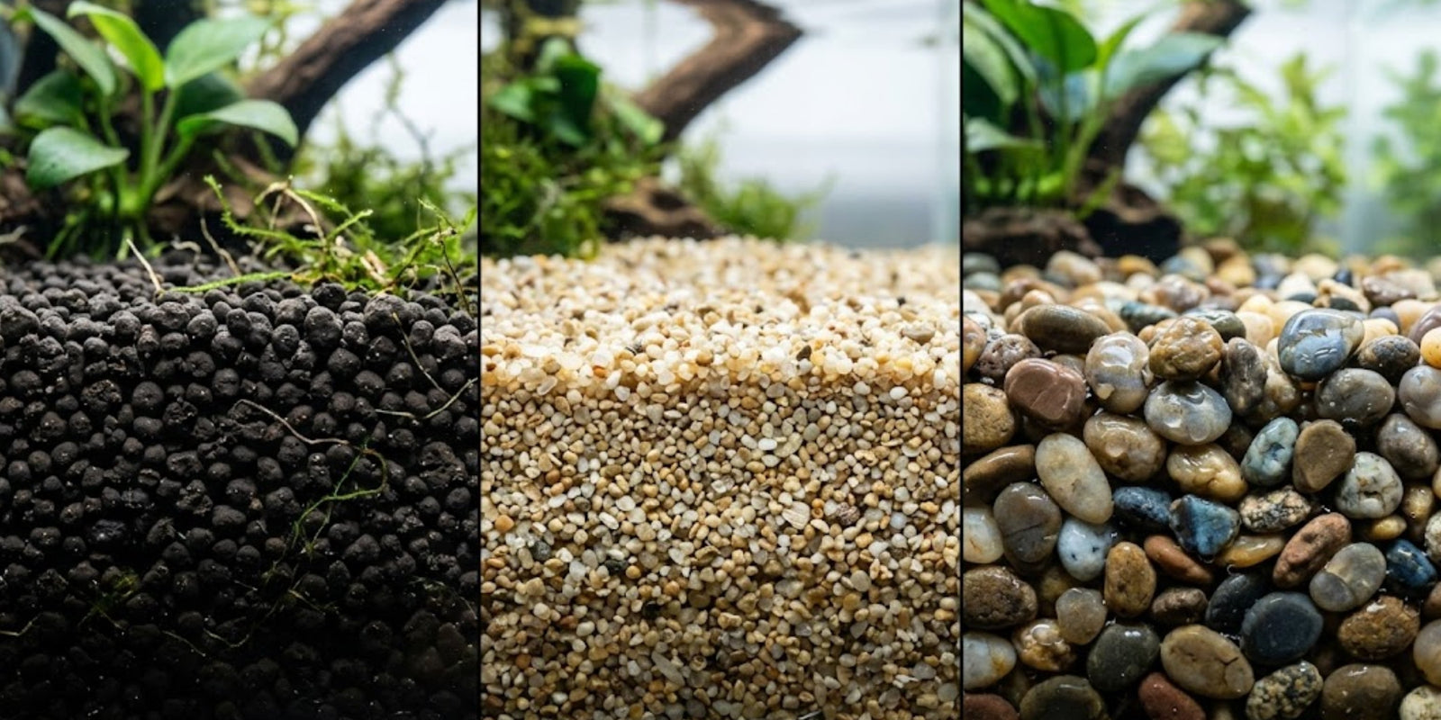Side-by-side macro comparison of aquarium soil, cosmetic sand, and standard gravel to help you choose the best substrate for a planted aquarium.