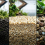 Side-by-side macro comparison of aquarium soil, cosmetic sand, and standard gravel to help you choose the best substrate for a planted aquarium.