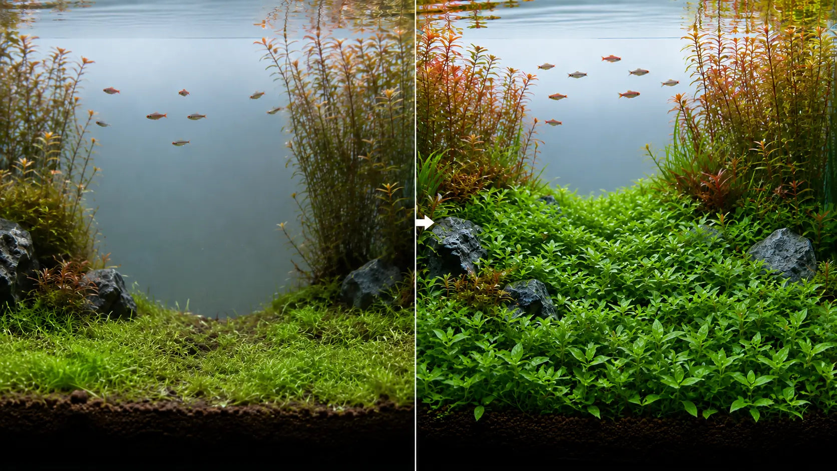 Split screen showing a sparse planted tank on the left and the same tank on the right fully transformed by a lush, dense carpet of Staurogyne repens in the midground.