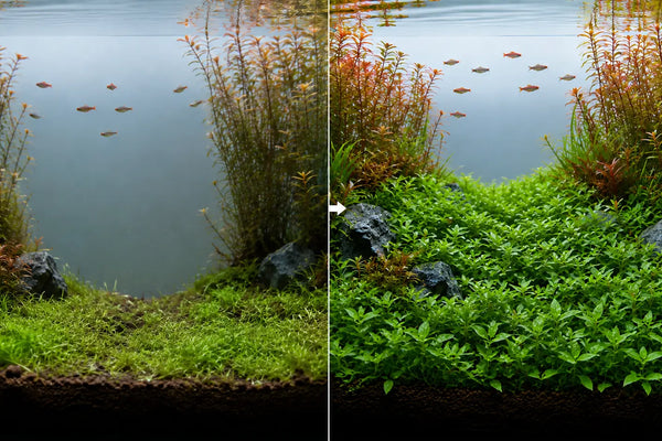 Split screen showing a sparse planted tank on the left and the same tank on the right fully transformed by a lush, dense carpet of Staurogyne repens in the midground.