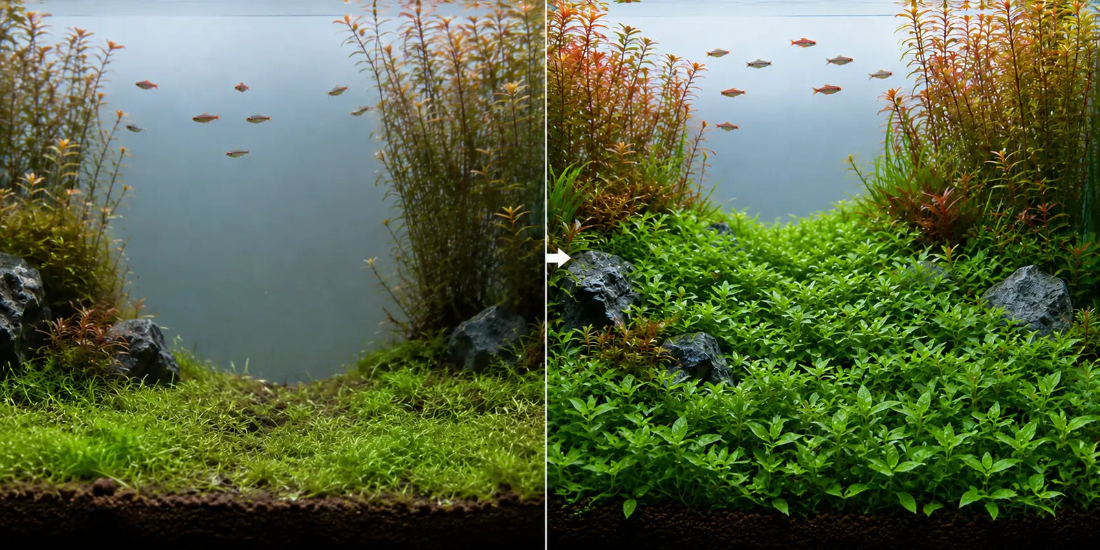 Split screen showing a sparse planted tank on the left and the same tank on the right fully transformed by a lush, dense carpet of Staurogyne repens in the midground.