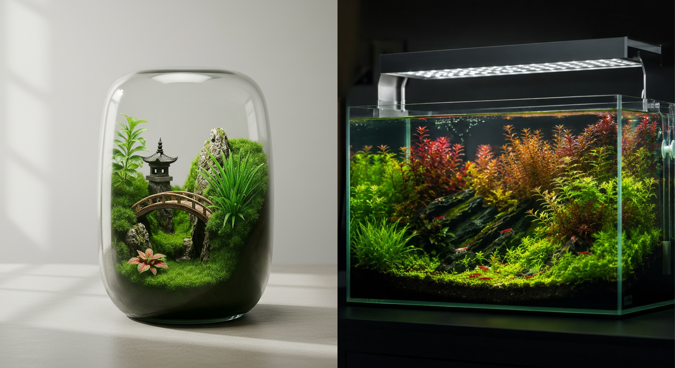 Split-screen comparison of a low-maintenance moss terrarium versus a vibrant, high-tech planted aquarium for indoor nature setups.
