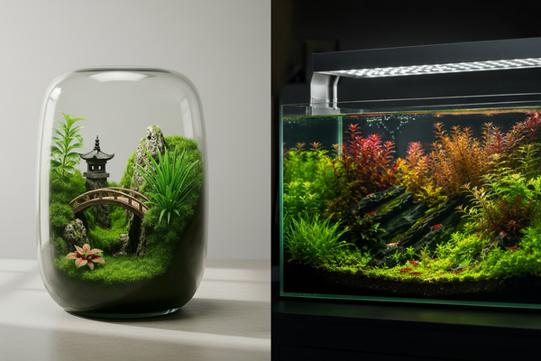 Split-screen comparison of a low-maintenance moss terrarium versus a vibrant, high-tech planted aquarium for indoor nature setups.