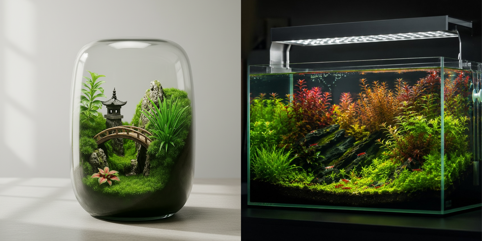 Split-screen comparison of a low-maintenance moss terrarium versus a vibrant, high-tech planted aquarium for indoor nature setups.