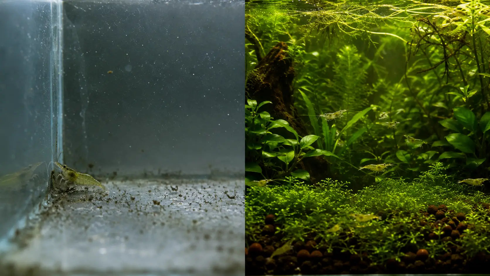 Split screen comparing a bare, stressful glass aquarium on the left to a lush, breeding-ready low tech planted tank setup with live plants for cherry shrimp on the right.