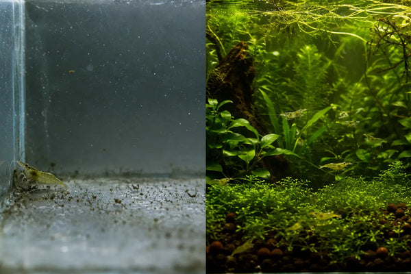 Split screen comparing a bare, stressful glass aquarium on the left to a lush, breeding-ready low tech planted tank setup with live plants for cherry shrimp on the right.