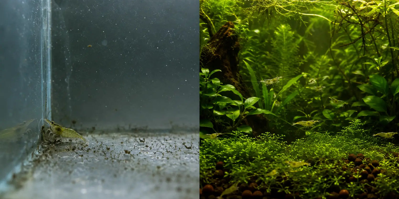 Split screen comparing a bare, stressful glass aquarium on the left to a lush, breeding-ready low tech planted tank setup with live plants for cherry shrimp on the right.
