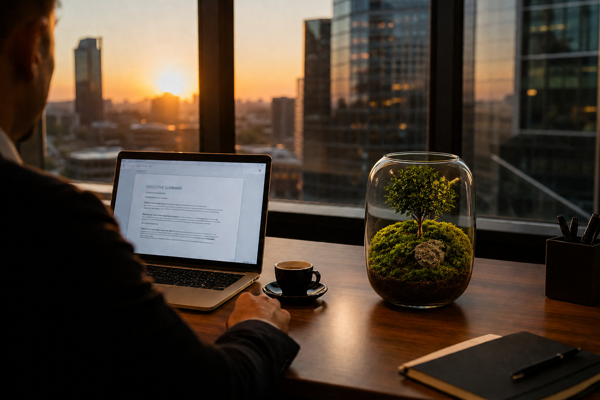 Busy professional working at a corporate office desk with a pre-built zero-maintenance moss terrarium at sunset.