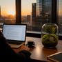 Busy professional working at a corporate office desk with a pre-built zero-maintenance moss terrarium at sunset.