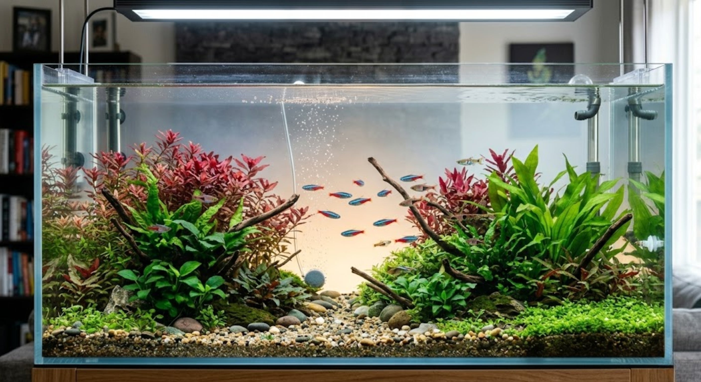 A crystal-clear planted aquarium with a school of neon tetras, lush aquatic plants, and an active filter system.