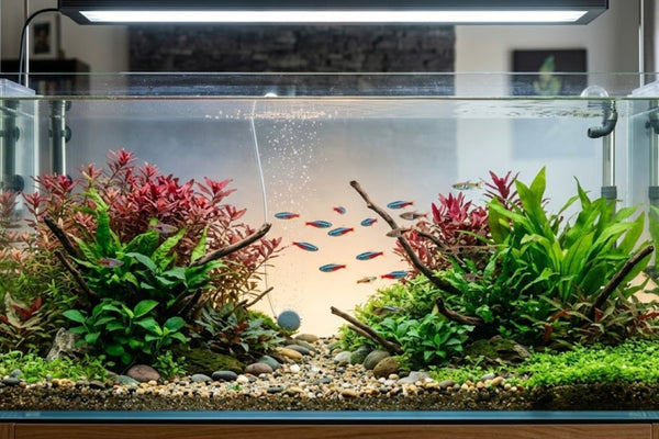 A crystal-clear planted aquarium with a school of neon tetras, lush aquatic plants, and an active filter system.