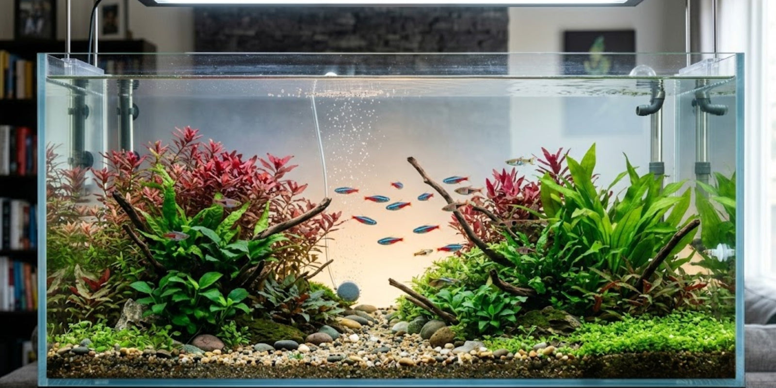 A crystal-clear planted aquarium with a school of neon tetras, lush aquatic plants, and an active filter system.