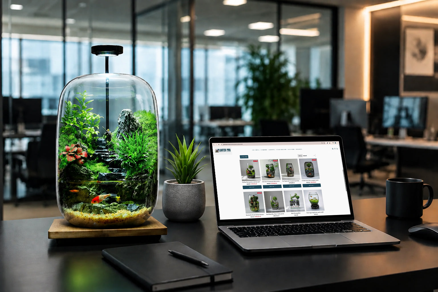 Shopping online for a unique plant gift, featuring a laptop and a pre-built Zen Pagoda Mini Paludarium desk terrarium.