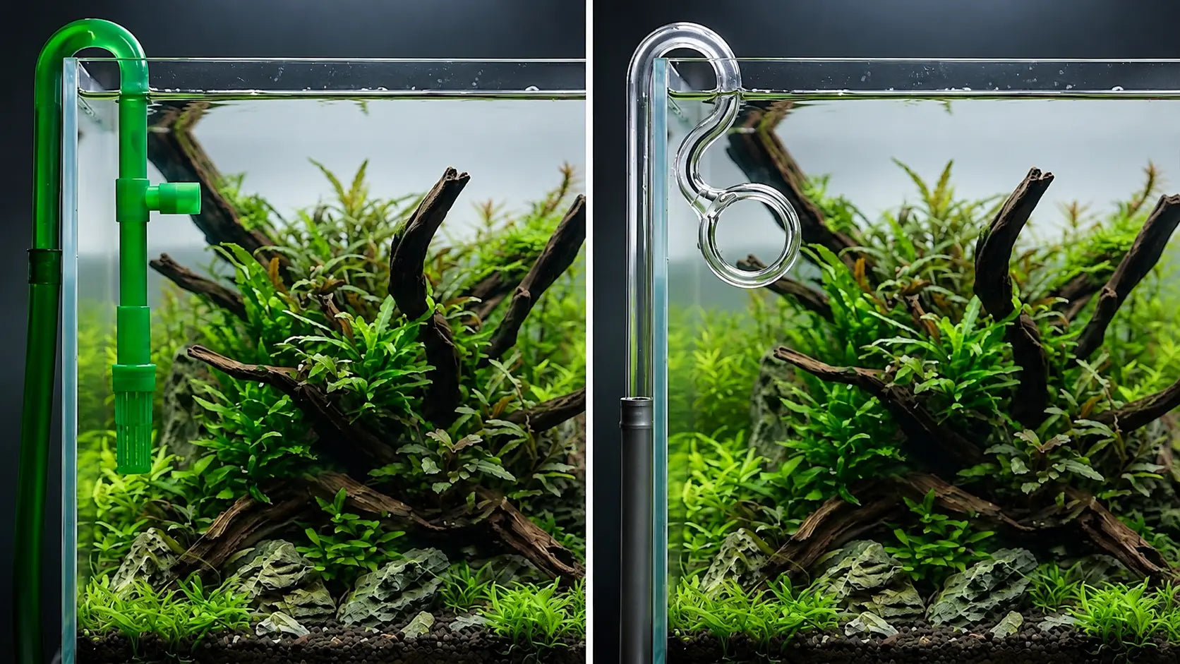 Side-by-side comparison of bulky green plastic aquarium filter tubing versus a nearly invisible clear glass lily pipe in a planted tank.