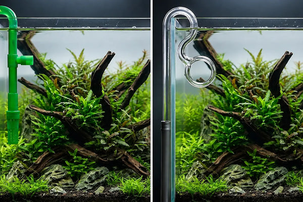 Side-by-side comparison of bulky green plastic aquarium filter tubing versus a nearly invisible clear glass lily pipe in a planted tank.