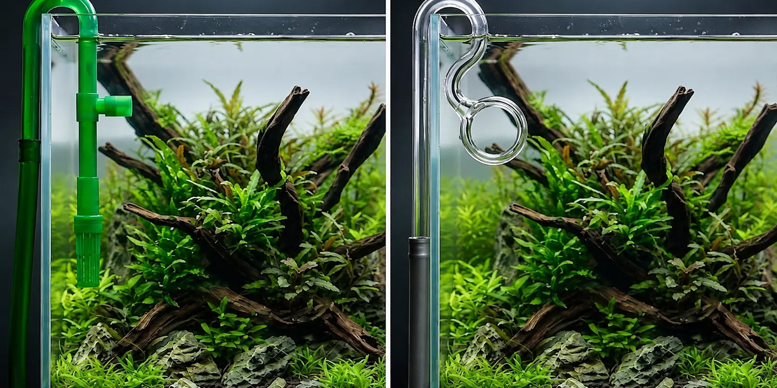 Side-by-side comparison of bulky green plastic aquarium filter tubing versus a nearly invisible clear glass lily pipe in a planted tank.