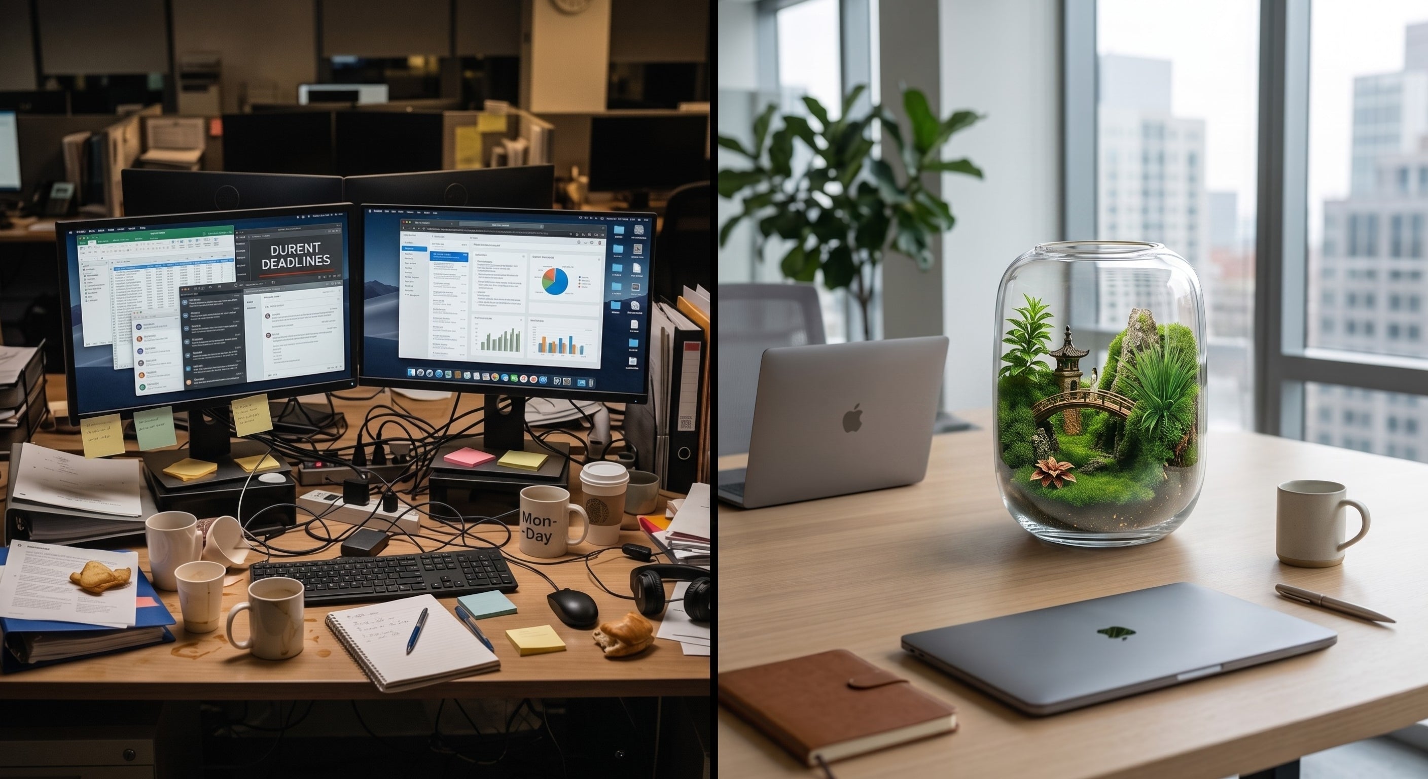 Split-screen comparison of a stressful, cluttered office desk with multiple monitors versus a clean, minimalist workspace featuring a calming closed glass office terrarium.