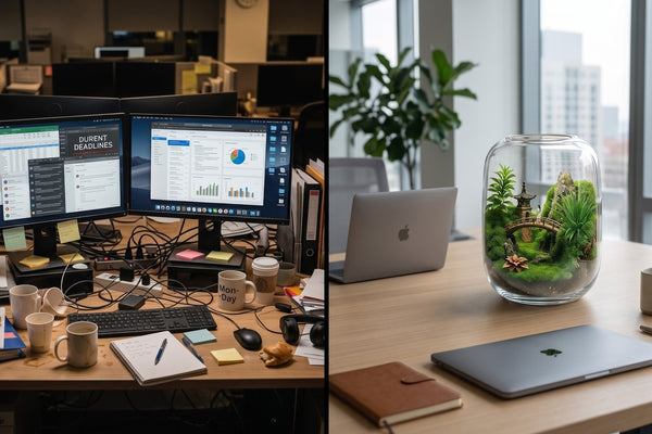 Split-screen comparison of a stressful, cluttered office desk with multiple monitors versus a clean, minimalist workspace featuring a calming closed glass office terrarium.