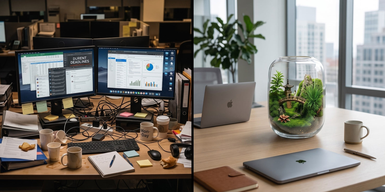 Split-screen comparison of a stressful, cluttered office desk with multiple monitors versus a clean, minimalist workspace featuring a calming closed glass office terrarium.