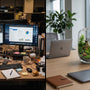 Split-screen comparison of a stressful, cluttered office desk with multiple monitors versus a clean, minimalist workspace featuring a calming closed glass office terrarium.