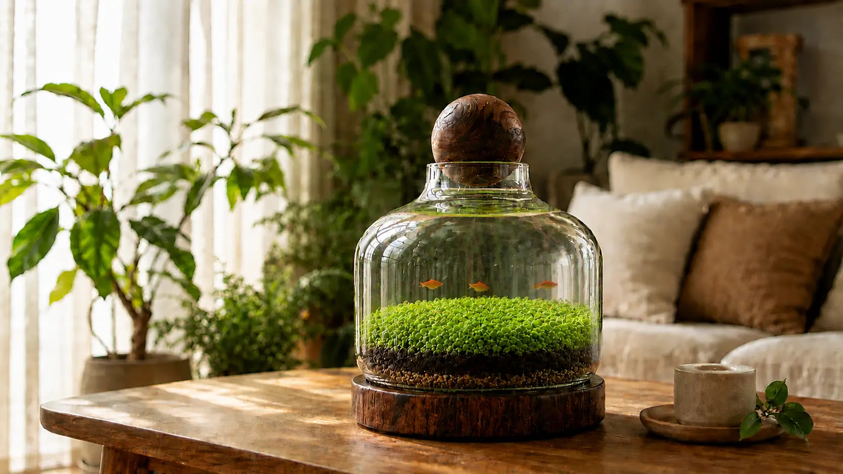 Eco-water grass tank complete set featuring a self-sustaining miniature ecosystem desktop aquarium with lush green carpet plants and small fish.