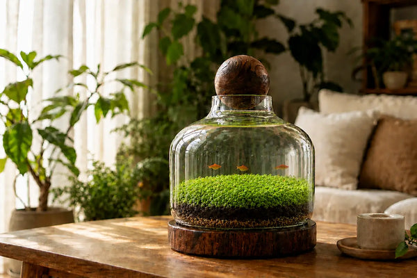 Eco-water grass tank complete set featuring a self-sustaining miniature ecosystem desktop aquarium with lush green carpet plants and small fish.
