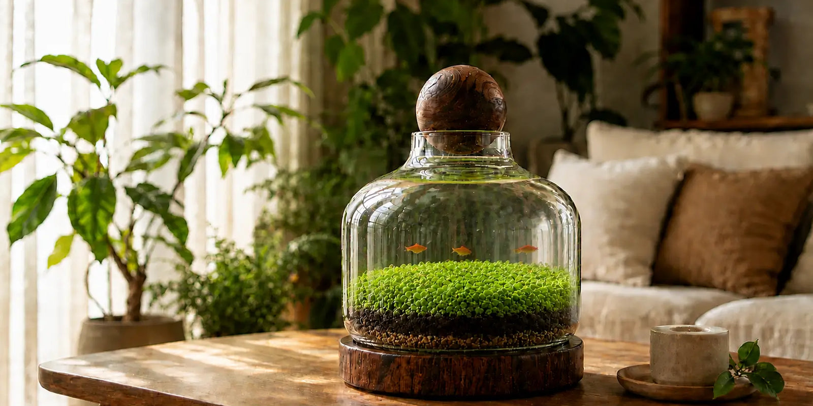 Eco-water grass tank complete set featuring a self-sustaining miniature ecosystem desktop aquarium with lush green carpet plants and small fish.